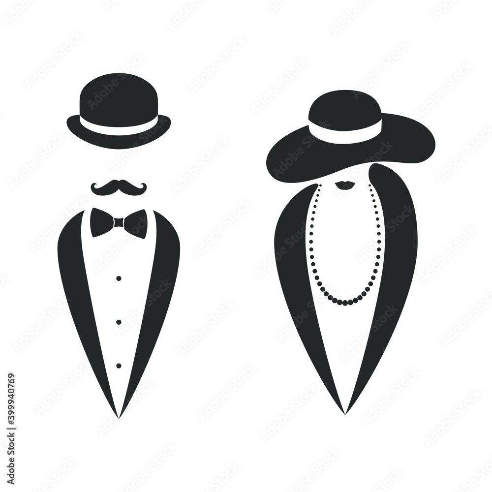 Lady and gentleman graphic icon. Man and woman in hats sign isolated on white background. Fashion symbol. Vector illustration