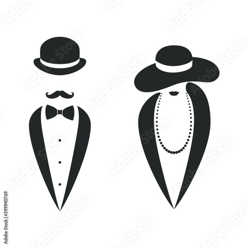 Lady and gentleman graphic icon. Man and woman in hats sign isolated on white background. Fashion symbol. Vector illustration