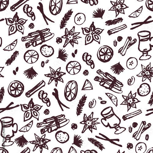 Seamless pattern with mulled wine ingredients, sketchy drawing