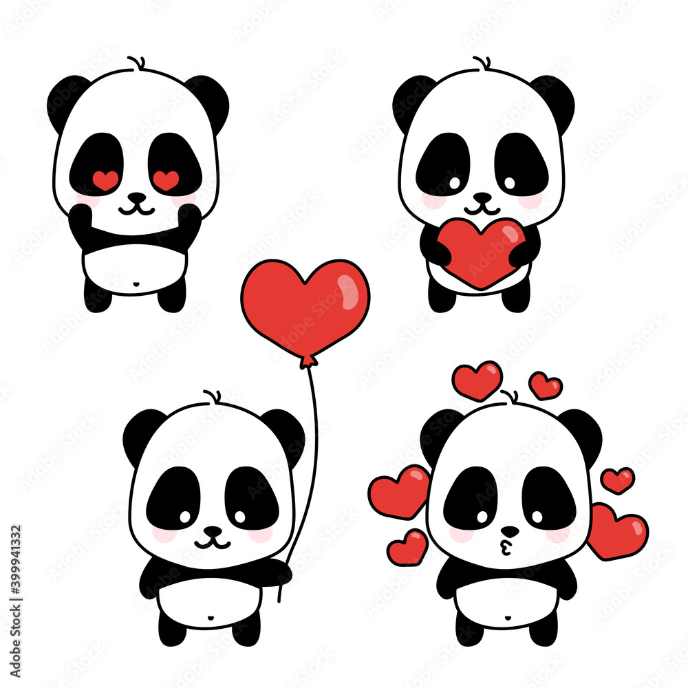 Cute Valentine icon set with panda heart