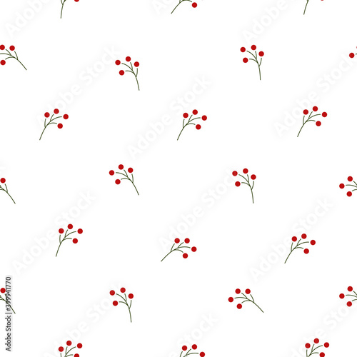 Floral seamless pattern texture with red berries branches. White background. Vector illustration with sprigs. Perfect for printing on fabric or