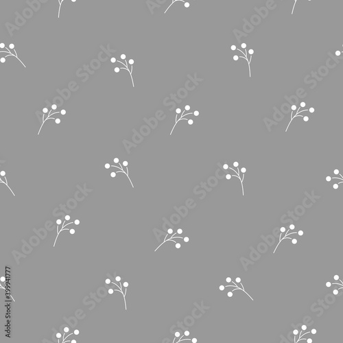 Floral Seamless pattern texture with white berries branches on grey background.