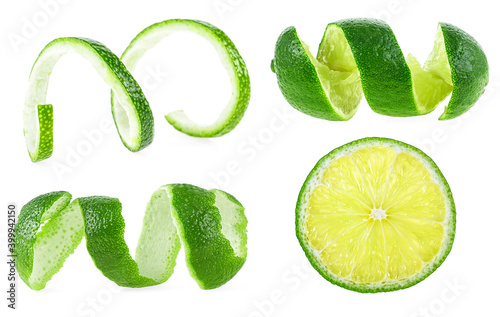 Set of lime fruits isolated on a white background. Cutted lime. Lime peel. Slice of lime.