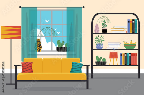 Cozy  interior of living room with  a sofa, bookcase, various decorations fnd window. Flat style, design template.