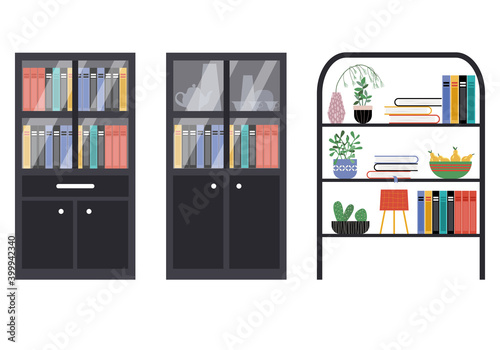 Set of different bookshelves with different color book and stuff and home plants and lamp. Vector illustration.