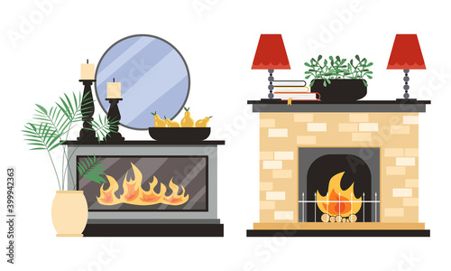 Set of different fireplaces. Mantel with different color book and stuff and home plants, candles, bowl with yellow pears and lamp. Vector illustration.