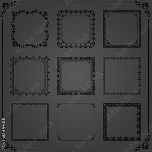 Vintage set of elements. Different square elements for decoration and design frames, cards, menus, backgrounds and monograms. Classic black patterns. Set of vintage patterns