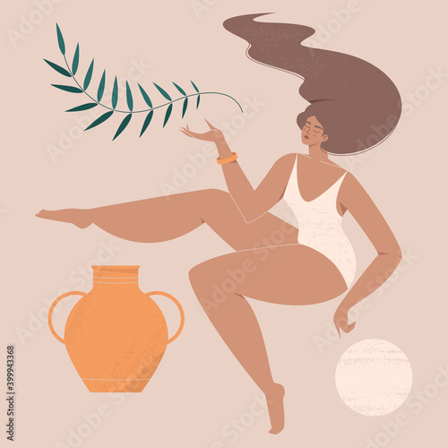 Woman body, female health, feminine concept. Abstract illustration of a beautiful woman in swimsuit with long hair drawn in trendy style. Flat vector art for cosmetics, beauty and skin care products
