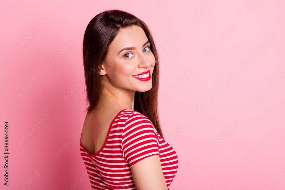 Profile photo of satisfied person smile turn head to camera wear striped white red isolated on pink color background Profile photo of satisfied person smile turn head to camera wear striped white red isolated on pink color background
