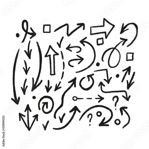 Set of black hand drawn arrows. Pointer vector illustration. Pencil texture.