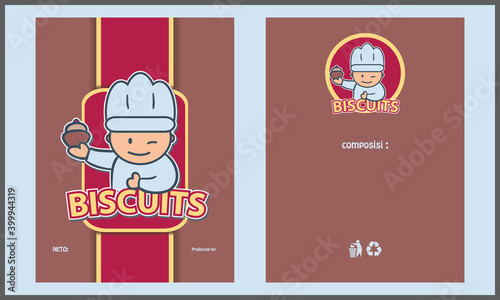 packaging label concept, vector illustration, chef mascot with cake, suitable for cake label, suitable for standing pouch