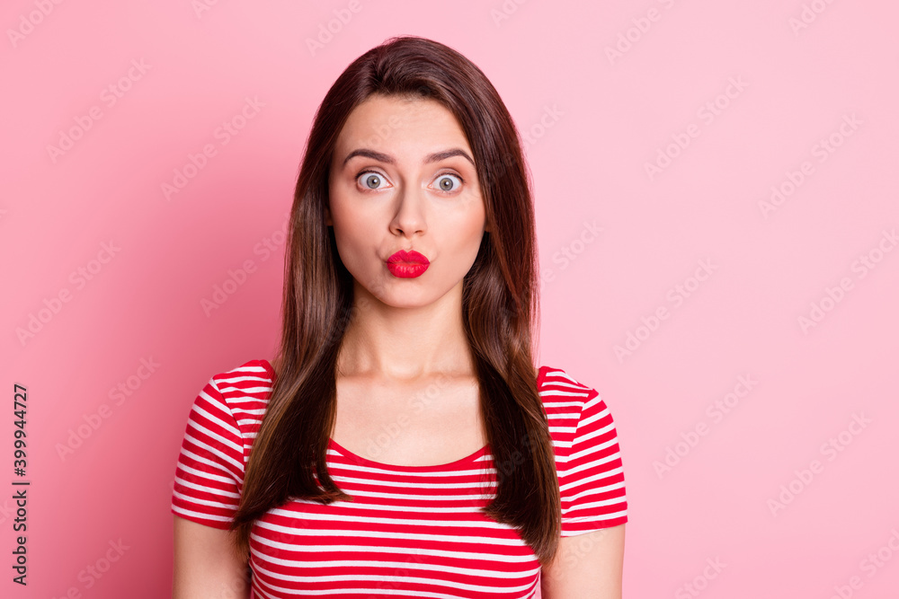 Photo of shocked pretty charming young lady pouted lips surprise isolated on shine pastel pink color background Photo of shocked pretty charming young lady pouted lips surprise isolated on shine pastel pink color background