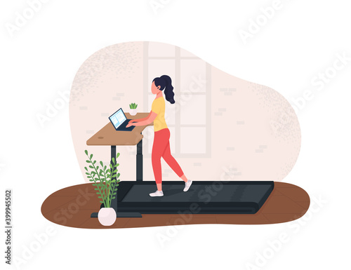 Exercising at work 2D vector web banner, poster. Cardio training at treadmill. Freelancer at workstation flat character on cartoon background. Healthy lifestyle printable patch, colorful web element