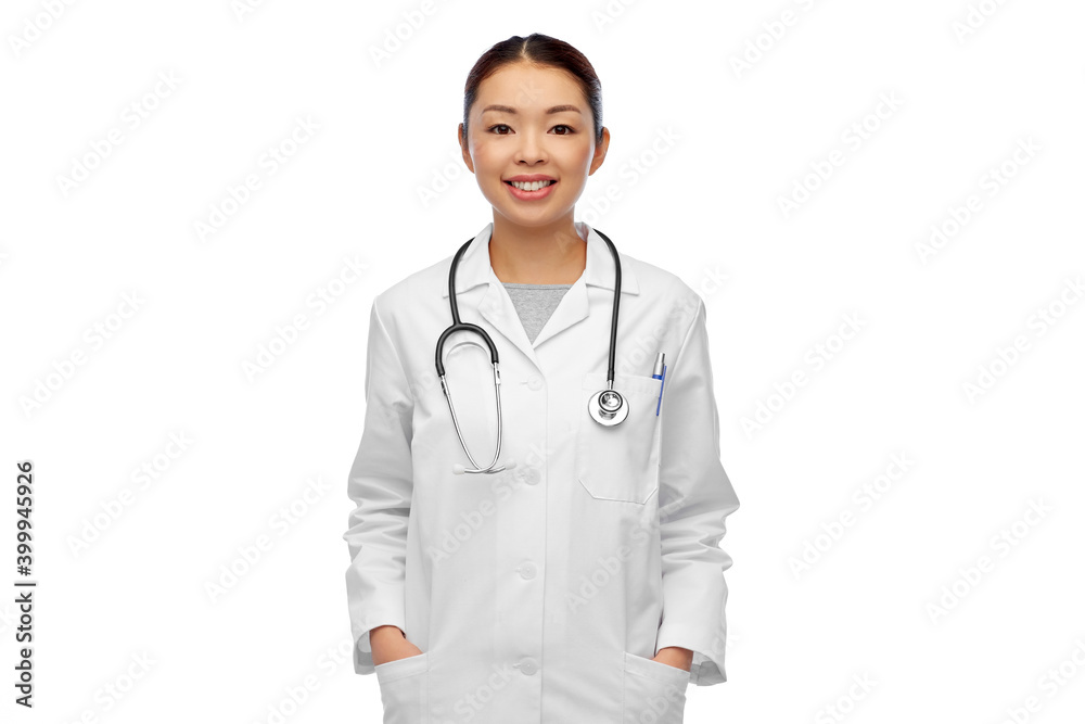 medicine, profession and healthcare concept - happy smiling asian female doctor in white coat with stethoscope medicine, profession and healthcare concept - happy smiling asian female doctor in white coat with stethoscope