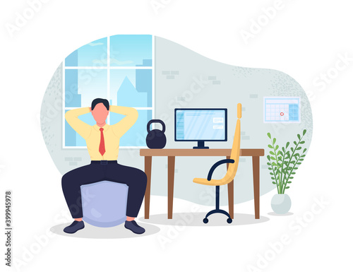 Exercise break at workplace 2D vector web banner, poster. Manager doing yoga. Businessman working out flat characters on cartoon background. Fitness at desk printable patch, colorful web element