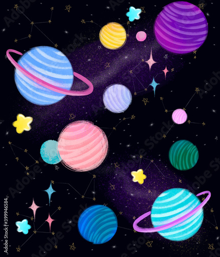 Cartoon cute space for fabric design. Cute cartoon character.  Space poster.  Earth planet.