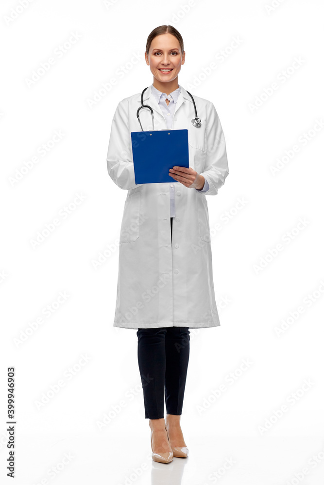 medicine, profession and healthcare concept - happy smiling female doctor in white coat with clipboard and stethoscope medicine, profession and healthcare concept - happy smiling female doctor in white coat with clipboard and stethoscope