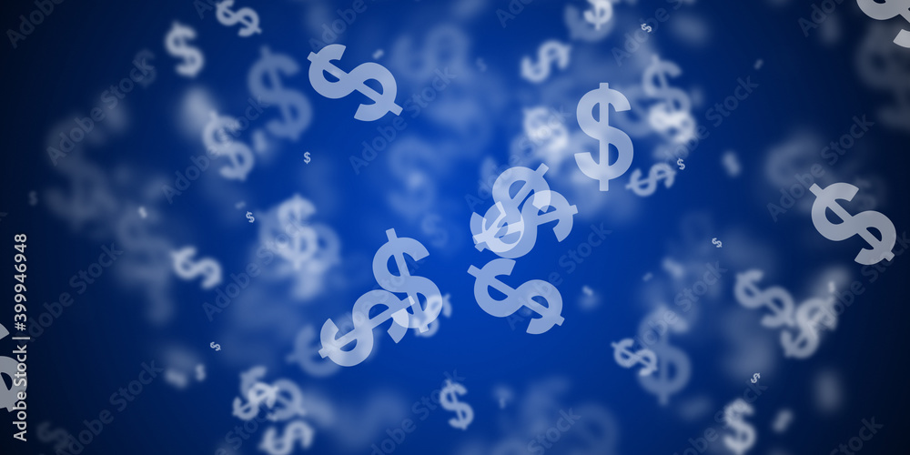 Abstract blue background with flying dollars