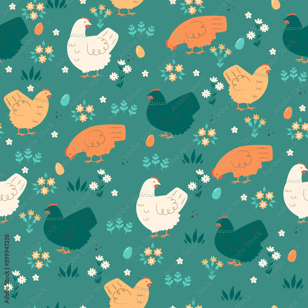 Seamless spring pattern with cute chickens. Vector graphics.