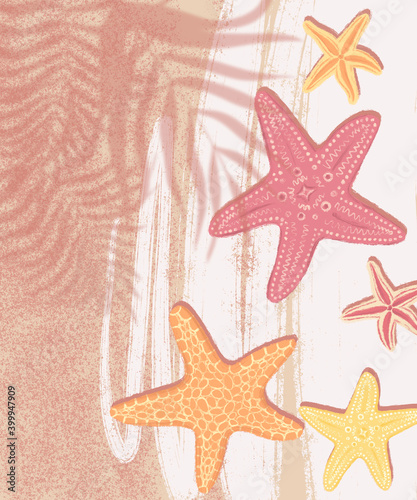 Starfish by the sea. Luxury illustration. Vacation, holiday. Banner design. Outdoor landscape. Holiday background. Sea ocean.