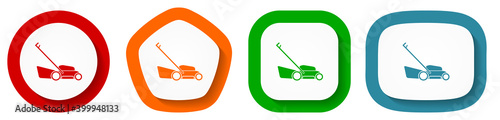 Lawn mower vector icon set, flat design buttons on white background