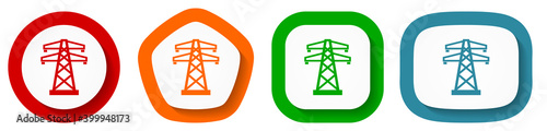 Power line vector icon set, electricity flat design buttons on white background