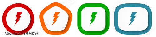 Bolt vector icon set, electricity flat design buttons on white background