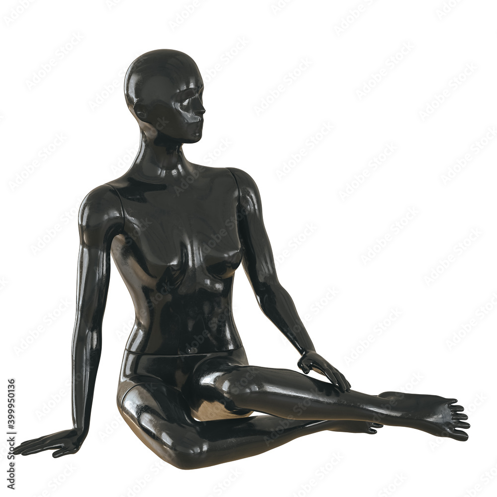 Black female mannequin without clothes in a sitting position on an isolated background. 3d rendering Black female mannequin without clothes in a sitting position on an isolated background. 3d rendering