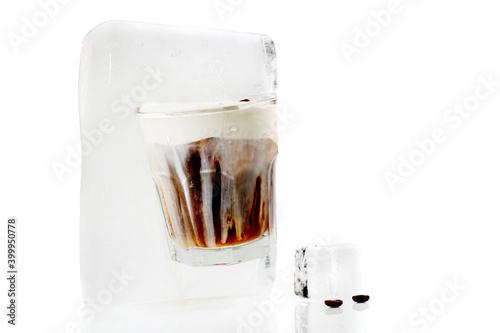 Frozen White Russian Cocktail Glass Ice Cube - White Background photo