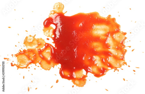 Ketchup, tomato sauce splashes, stains spread isolated on white background, top view