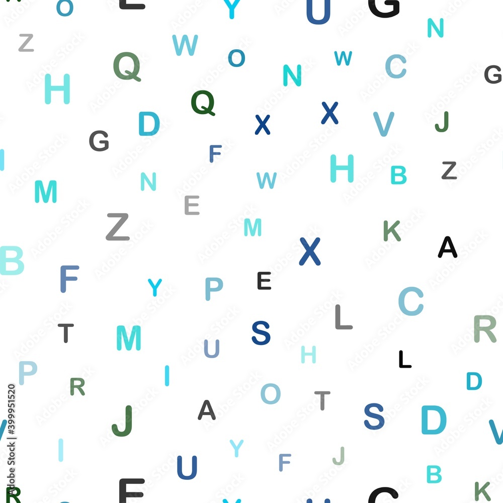 Light Blue, Green vector seamless template with isolated letters. Blurred design in simple style with signs of alphabet. Design for textile, fabric, wallpapers. Light Blue, Green vector seamless template with isolated letters. Blurred design in simple style with signs of alphabet. Design for textile, fabric, wallpapers.