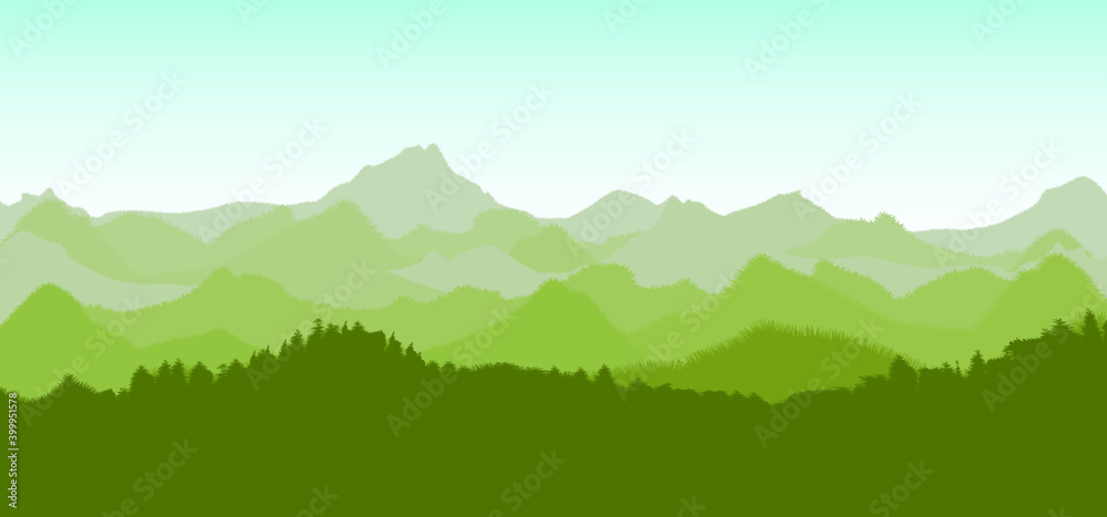 Beautiful on the theme of the morning landscape, sunrise in the mountains, mixed forest. Panoramic view, vector illustration.
