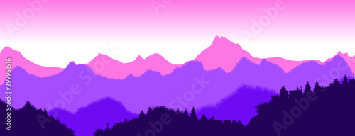 Beautiful on the theme of the morning landscape, sunrise in the mountains, mixed forest. Panoramic view, vector illustration. 
