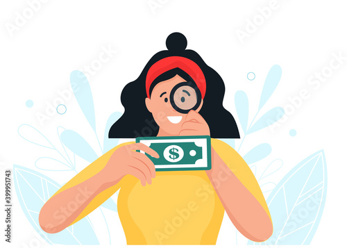 Girl character looks through a magnifying glass at money. Vector illustration in cartoon style.