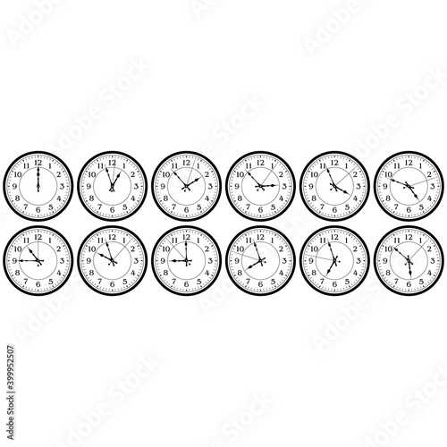 Clock with arabic numerals. A collection of dials showing twelve hours and about one hour, two, three, four, five, six, seven, eight, nine, ten, eleven hours. Vector illustration.