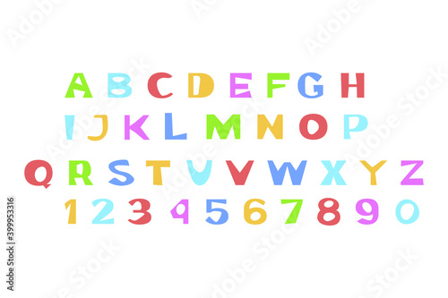 Cute colorful alphabet. Vector typography design isolated on white background. Set of letters and numbers.
