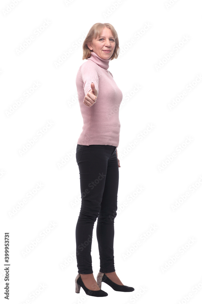 Full length, side view of a confident business woman standing with folded hands