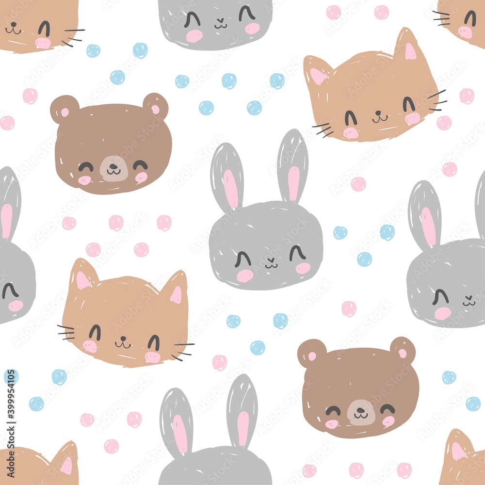 Hand Drawn Cute animals bear, cat and rabbit vector pattern seamless trendy print, design textile for children