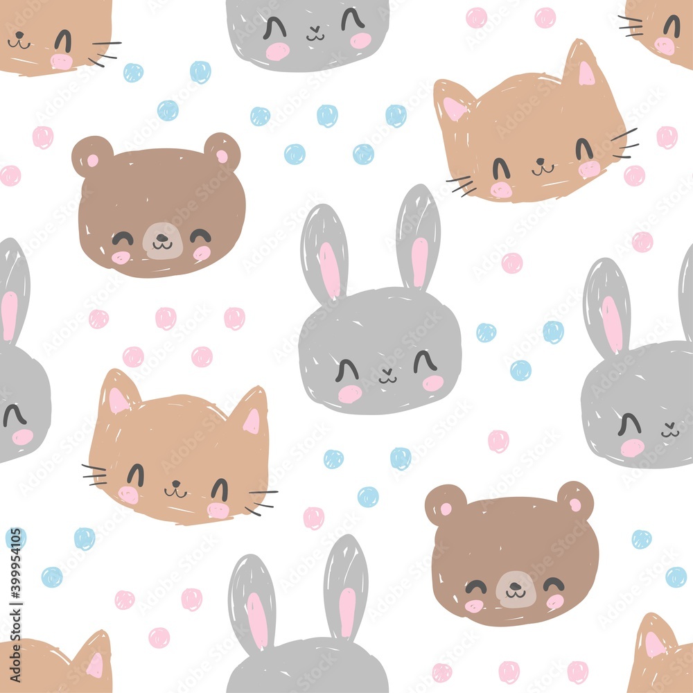 Obraz premium Hand Drawn Cute animals bear, cat and rabbit vector pattern seamless trendy print, design textile for children