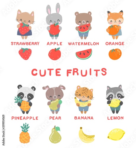 Fruit Names for Children, Toddlers vector illustration, cute animals hold fruit in their paws. Strawberry, apple, watermelon, pineapple, pear, banana, lemon, orange