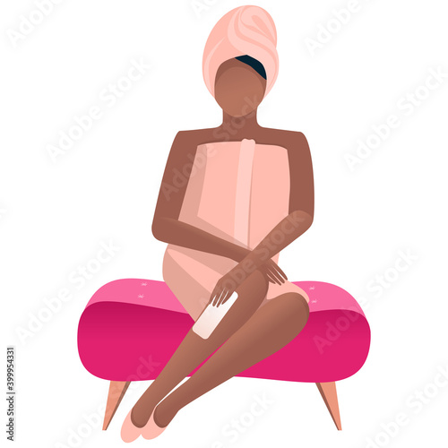 African-American woman removes hair from her legs. Depilation, shaving, waxing. Skin and body care, beauty treatments, home spa and beauty salon. Flat illustration in cartoon style