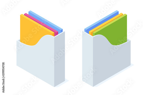 Isometric office paper tray with colorful folders and file document.