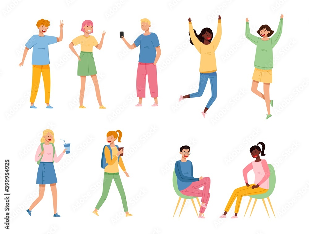 Teenager Boy and Girl in Casual Wear Jumping, Messaging and Drinking Soda Vector Illustration Set Teenager Boy and Girl in Casual Wear Jumping, Messaging and Drinking Soda Vector Illustration Set