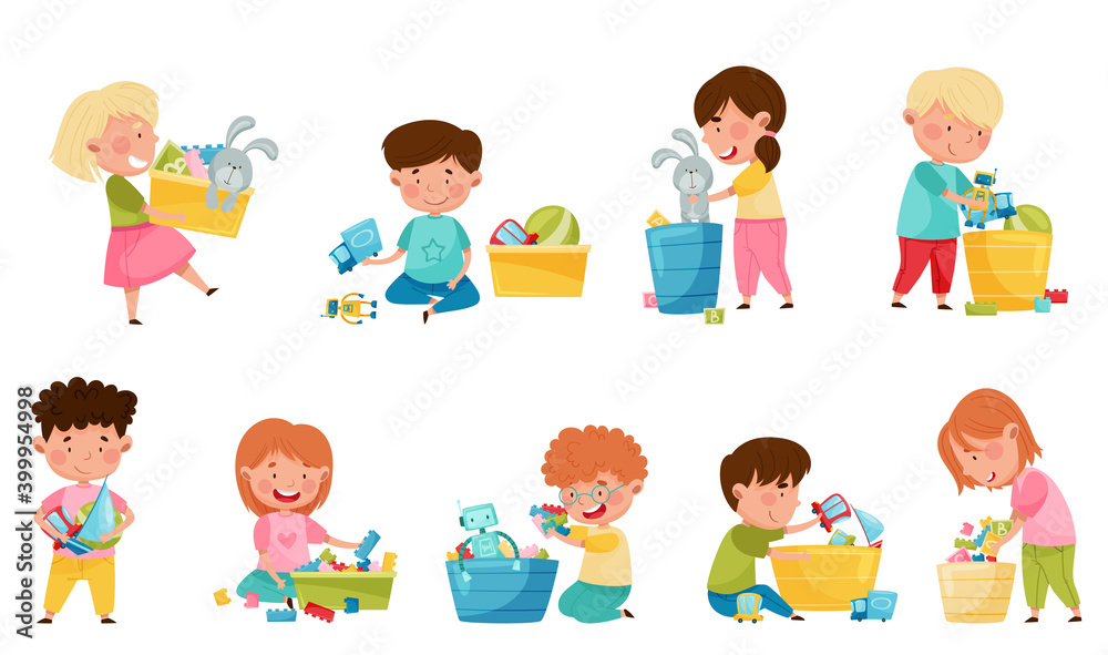 Cute Kids Playing With Different Toys in Playroom Vector Illustration Set Cute Kids Playing With Different Toys in Playroom Vector Illustration Set