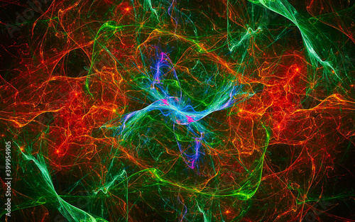 Abstract illustration of fantastic bunches of energy of red, green, blue, purple colors in a chaotic manner intertwining in a crazy dance of cosmic plasma for web design, computer graphics