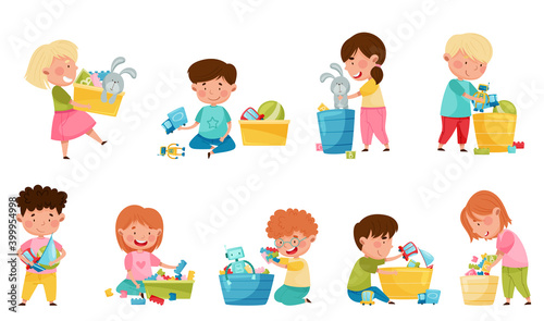 Cute Kids Playing With Different Toys in Playroom Vector Illustration Set