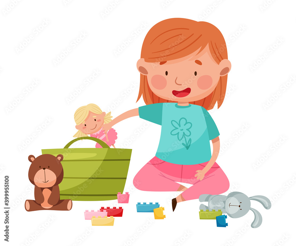 Funny Girl Sitting on Floor and Playing with Different Toys in Playroom Vector Illustration Funny Girl Sitting on Floor and Playing with Different Toys in Playroom Vector Illustration