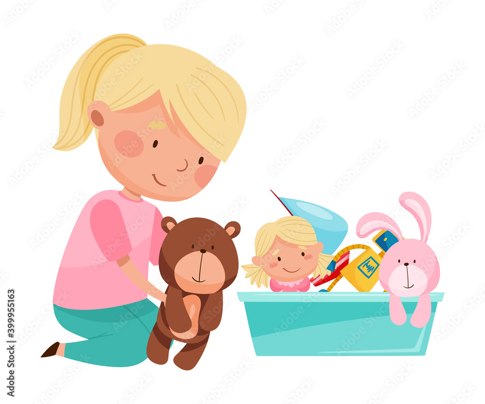 Funny Girl Sitting on Floor and Playing with Different Toys in Playroom Vector Illustration Funny Girl Sitting on Floor and Playing with Different Toys in Playroom Vector Illustration