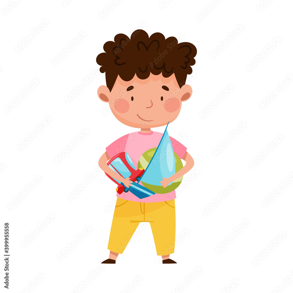 Red Cheeked Boy Holding Pile of Different Toys in Playroom Vector Illustration Red Cheeked Boy Holding Pile of Different Toys in Playroom Vector Illustration
