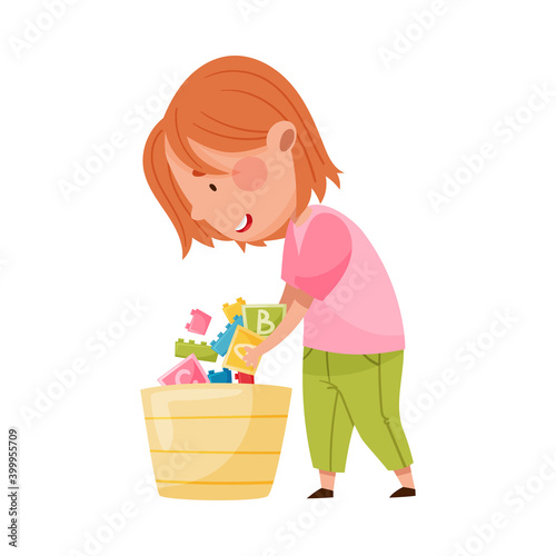 Happy Girl Playing with Different Toys in Playroom Vector Illustration
